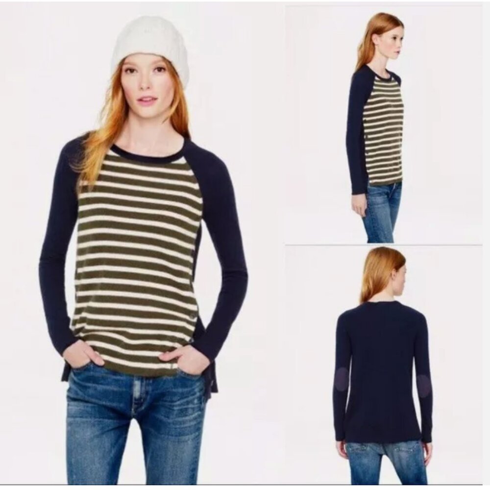 J.Crew Wool Blend Y2K Sweater S Striped Elbow Patch Split Hem Pullover Tunic